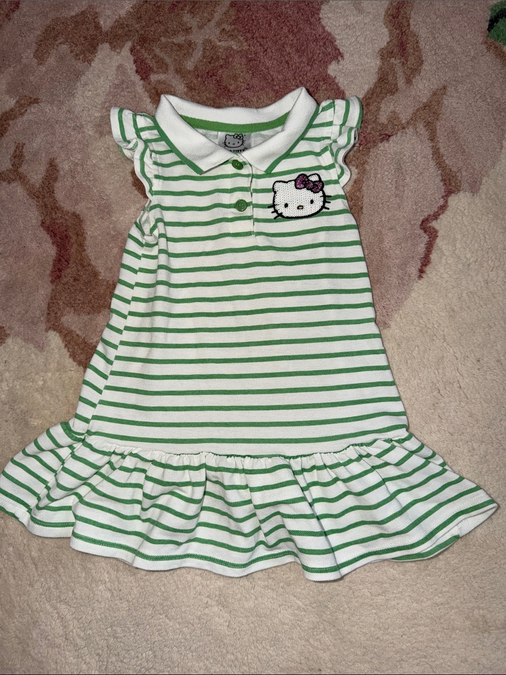 Hello Kitty by Sanrio White & Green Striped Ruffle Polo Dress